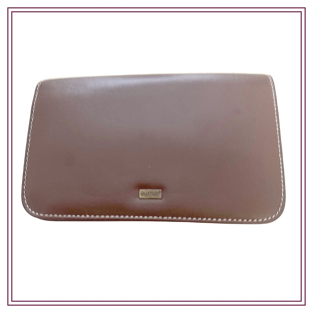Buxton Brown Genuine Leather Bifold Clutch Wallet Contrast‎ Stitch Zip Pocket